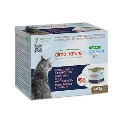 Afbeelding van 4x 50 g Almo Nature HFC Natural Light Tonijn, Kip &amp; Ham Natvoer Katten