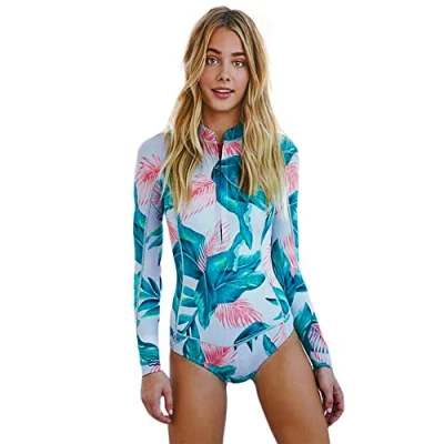 Afbeelding van BEACHKINI Dames Zip Up Surfwear Badpak Lange Mouwen Vrijetijdsbadpak Rash Guards, Blauw