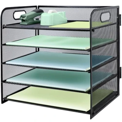 Afbeelding van Brievenbak met handvat, 5 niveaus metalen mesh bureau bestandsorganizer, A4 archiefdienbladen, tijdschriftenhouder, aktetas voor thuiskantoor, zwart