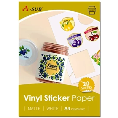 Afbeelding van A SUB Hoogwaardig, bedrukbaar vinyl, zelfklevend, waterdicht, mat wit, vinyl etiketten voor inkjetprinters, A4 formaat, 20 vellen