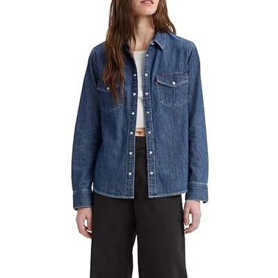 Afbeelding van Levi&#039;s dames Iconic Western blouse van denim met klepzakken in de kleur Indigo, maat: S