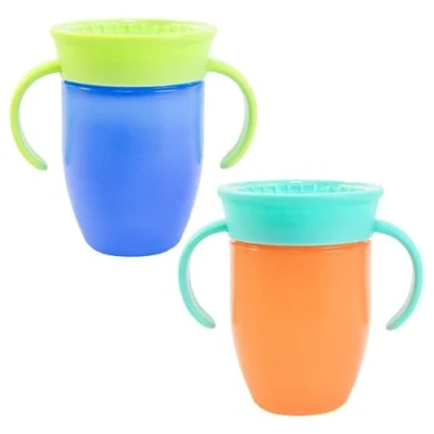 Afbeelding van Nuby 360 lekvrije beker ergonomische handgrepen ontworpen om in alle posities te drinken 210 ml blauw en oranje vanaf 4 maanden 2 stuks