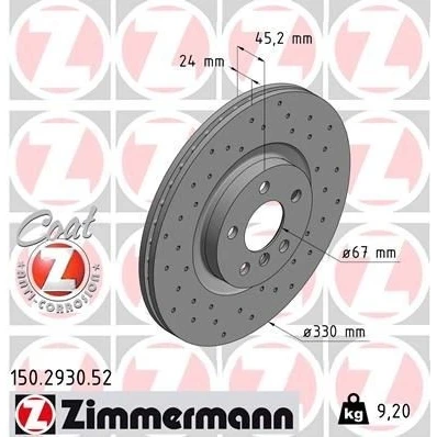 Afbeelding van ZIMMERMANN SPORT COAT Z 150.2930.52 Remschijf 330 24 6/5 5 112 interne ventilatie, Geperforeerd Gecoat High carbon BMW: 2 Gran Tourer, X1
