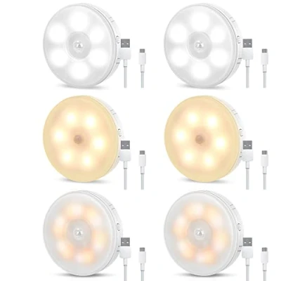 Afbeelding van Nachtlampje met USB bewegingsmelder, oplaadbaar, 6 lampen binnenbatterij, warm licht, wit neutraal trap, kinderkamer,