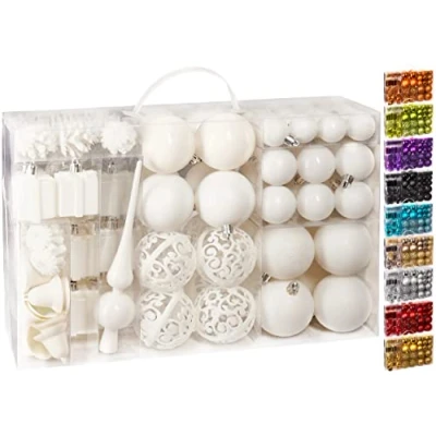 Afbeelding van BRUBAKER Kerstballen Set met Dennenappels, Kerstklokken, Geschenken, Kerstboompiek Kerstboomversiering 101 delen Crème Wit