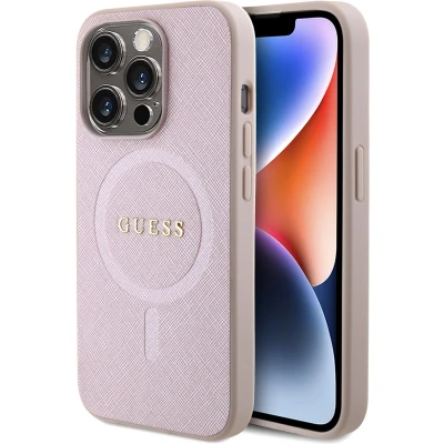 Afbeelding van Guess Saffiano Back Case (MagSafe Compatible) Geschikt voor Apple iPhone 15 Pro (6.1&quot;) Roze