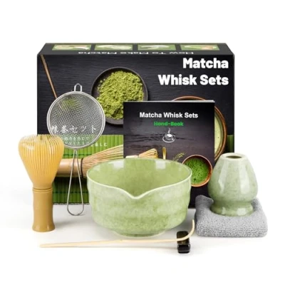 Afbeelding van matcha set Japanse theeset met bezem, keramische kom, lepel, garde van hars, zeef, theedoek, accessoires (7 stuks), groen