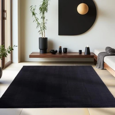 Afbeelding van HomebyHome Vloerkleed, 240 x 340 cm, zwart, wasbaar, laagpolig, effen, modern design, antislip, extra zacht, pluizig, voor woonkamer, keuken, slaapkamer, kinderkamer