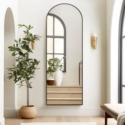 Image de Melodieux miroir pleine longueur, arc, 147 x 44 cm, grand autoportant, cadre en aluminium, noir, pour dressing, salon, chambre à coucher