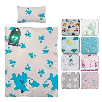 Afbeelding van BaSaTex Kinderbeddengoed voor meisjes, jongens, 100 x 135 cm + 40 60 cm, 100% polyester microvezel, ritssluiting, Sharky haai, blauw/zilver