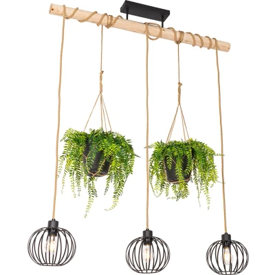 Afbeelding van QAZQA Landelijke hanglamp zwart met hout 3 lichts Yura