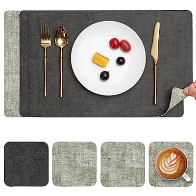Afbeelding van Myir JUN Placemat van leer en onderzetters, 4 stuks, antislip, dubbelzijdig, placemat, kunststof, wasbaar, hittebestendig, grijs/groen, stuks