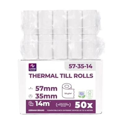 Afbeelding van Tpe rol 57 mm x 14 m 12 rollen voor bankkaart terminal spoel thermisch papier 35 cm BPA vrij (50 spoelen)