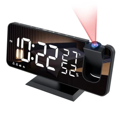 Afbeelding van Wekkerprojector met radio, Digitale klok, Radiowekker USB dubbel alarm en led display, 7, Snooze, 4 Helderheidsniveaus, 12/24 uur, 15 volume, voor thuis, kantoor