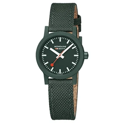 Afbeelding van Mondaine MS1.32160.LF Essence Unisex Horloge Stationsklok Mineraalglas Kunststof Groen/Zilver Ø 32 mm Quartz Gesp 3 ATM (spatwater)
