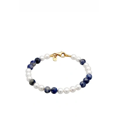 Afbeelding van Kuzzoi Heren Armband Achat Kralen Blauwe Schelp Kernparels 925 Sterling Zilver Verguld Festival Goud 21 cm