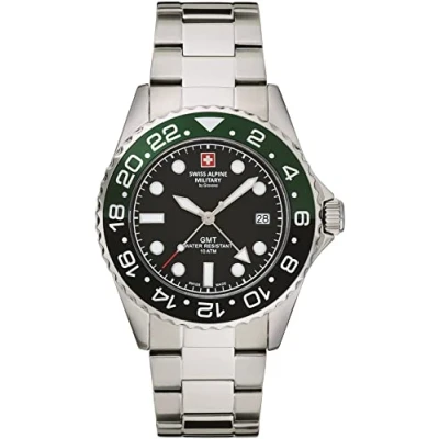Afbeelding van Swiss Alpine Military herenhorloge GMT analoog kwarts 7052 roestvrij staal, Staal/zwart groen/zwart 1138sam, Armband