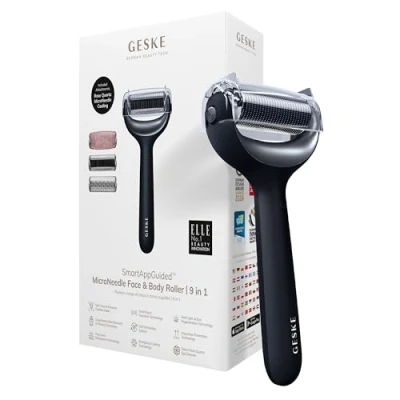 Afbeelding van GESKE SmartAppGuided™ MicroNeedle Face &amp; Body Roller 9 in 1 rozenkwarts Elektrische dermaroller Microneedling apparaat Schoonheidsroller voor gezicht en lichaam