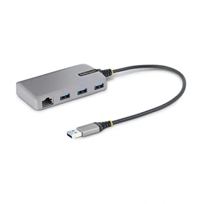 Image de StarTech.com 3 Port USB Hub with Ethernet 3x A Ports Gigabit RJ45 3.0 5Gbps Bus Powered w/ GbE and 1ft/30cm Long Cable Portable Laptop Expansion Adapter (5G3AGBB HUB) Concentrateur (hub)