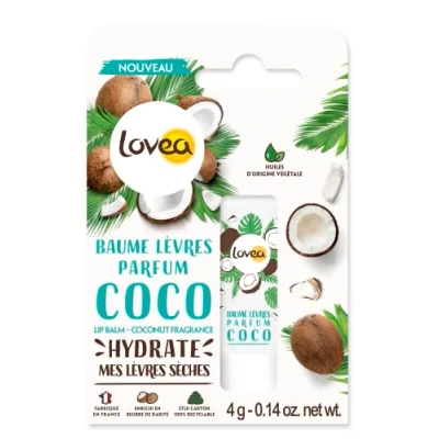 Image de LOVEA Baume À Lèvres Parfum Coco Apaise, Hydrate &amp; Adoucit Pour Sèches Enrichi Au Beurre De Karité Base D&#039;Huiles D&#039;Origine Végétale Fabriqué En France 4 g