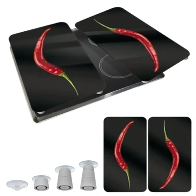 Image de WENKO Plaque de Recouvrement Universelle Mod Hot Peperoni, réglable en hauteur pour tout type cuisinière, planche à découper et protection anti éclaboussures, verre, 30 x 52 cm, 2 pièces