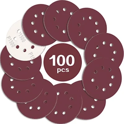 Afbeelding van STEBRUAM 100 vellen schuurpapier, 125 mm, klittenband, schuurschijven, korrelgrootte P1500, 8 gaten, rood, rond, excentrische schuurmachine, mengkorrel voor hout, metaal, verschillende korrelgroottes selecteerbaar