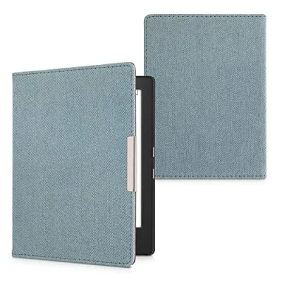 Afbeelding van kwmobile E reader hoesje geschikt voor Kobo Aura H2O Edition 1 hoes flip case met magneetsluiting Ereader cover Denim design in lichtblauw