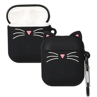 Afbeelding van kwmobile Hoes geschikt voor Apple Airpods 1 &amp; 2 Siliconen cover oordopjes in zwart / wit Kat design