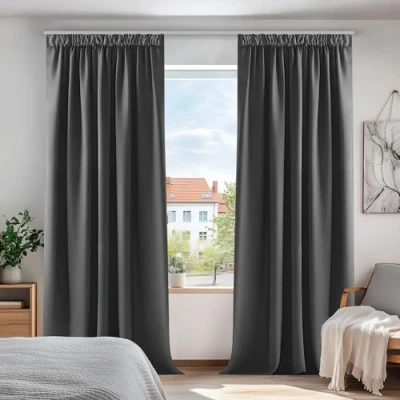 Afbeelding van Deconovo Set van 2 grijze verduisteringsgordijnen met plooiband, warmte isolerend gordijn, 140 x 220 cm, donkergrijs