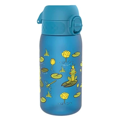 Afbeelding van ION8 Drinkfles voor kinderen, 350 ml, lekvrij, gemakkelijk te openen, veilige vergrendeling, vaatwasmachinebestendig, BPA vrij, draaggreep, reinigen, koolstof, motief kikkervijver