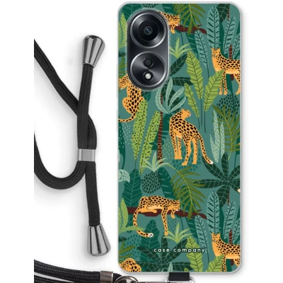 Afbeelding van Case Company® hoesje met Koord geschikt voor Oppo A58 4G Luipaard 2 Telefoonhoesje Zwart Bescherming aan alle Kanten en Over de Schermrand