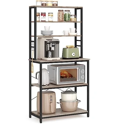 Afbeelding van VASAGLE Keukenrek KKS019B02, rek voor koffiezetapparaat, 6 planken en haken, magnetron, stalen frame, industriële stijl, 40 x 80 167 cm, beige grijs zwart