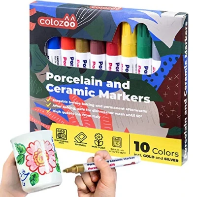 Afbeelding van colozoo Vaatwasmachinebestendige porseleinen markers, 10 keramische markers in levendige kleuren, inclusief zilver en goud
