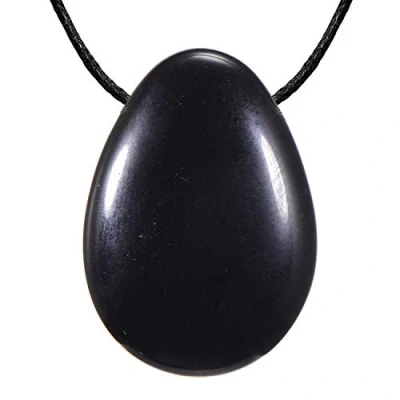 Afbeelding van Morella stoffen ketting 80 cm met edelsteen druppelhanger zwarte obsidiaan in sieradenzakje