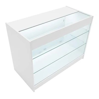 Afbeelding van Comptoir de Vente en MDF Blanc LED Blancs Intégrés K1200 3 Étagères Portes Coulissantes Verouillables Rangement Commerciale Vitrine Verre Acceuil Réception Bureau Vêtements Bijoux [2 Clés INCLUS]