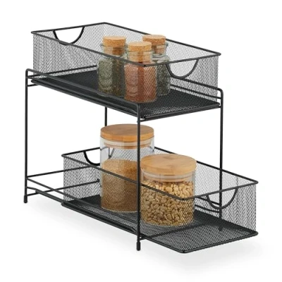 Afbeelding van Relaxdays keuken organizer 2 uitschuifbare manden badkamerrek metaal 32 x 19 35,5 cm zwart