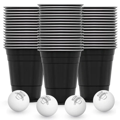 Afbeelding van RedCupShop® 50 zwarte bekers en 4 ballen, vaatwasmachinebestendig herbruikbaar, 473 ml, partybekers
