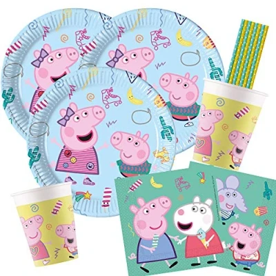 Afbeelding van procos/Hobbyfun Peppa Pig 44 delige partyset met borden, bekers, servetten, rietjes voor 8 kinderen