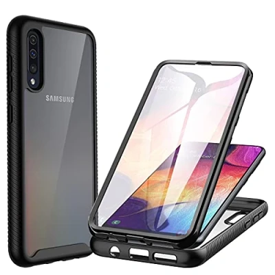 Afbeelding van CENHUFO Hoesje voor Samsung A50/A30s, schokbestendige hoes met schermbeveiliging, bescherming rondom, telefoonhoesje, dubbellaags, randen, transparant, mobiele telefoon, volledig, zwart