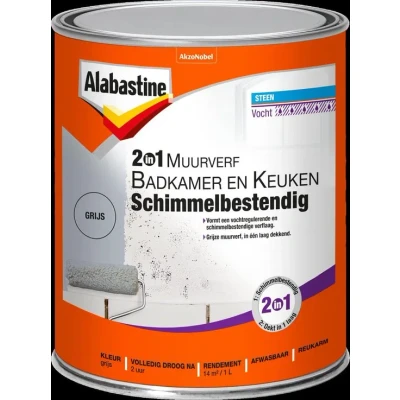 Afbeelding van Alabastine 2in1 Muurverf Badkamer en Keuken Schimmelbestendig Grijs voor badkamers