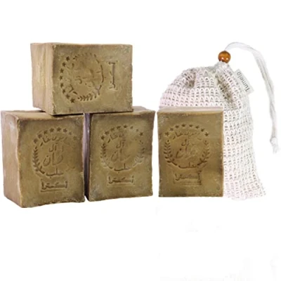 Afbeelding van TUMELO Originele Aleppo zeep 4 x 200 g (800 g) 95% olijfolie 5% laurierbessenolie + zak Salvon natuurlijke vaste voor het haar / douchezeep