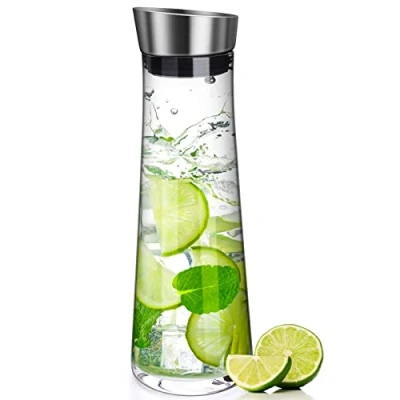 Afbeelding van glazen karaf (1 liter) met deksel en schenktuit, voor zelfgemaakte dranken, ijsthee, melk, koffie, wijn