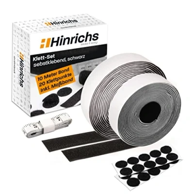 Afbeelding van Hinrichs klittenband zwart 1 zelfklevend 10 m lang en 2 cm breed + 20 zelfklevende stippen Ø klittenbandsluiting voor werkplaats, huis kantoor met