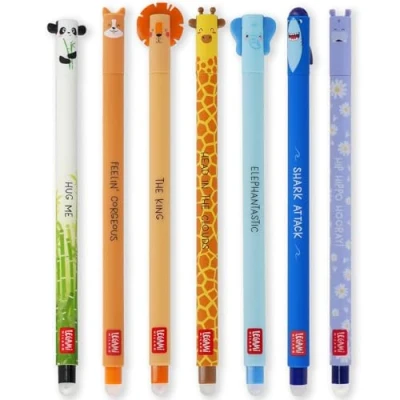 Afbeelding van LEGAMI 7 stuks uitwisbare gelpennen met warmtegevoelige inkt, inktkleuren en vatpatronen, 0,7 mm punt, panda, corgi, leeuw, giraf, olifant, haai, nijlpaard