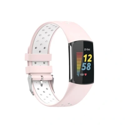 Afbeelding van FitBit Charge 5 &amp; 6 Sportbandje met gesp Roze / wit Tweekleurig Maat: L