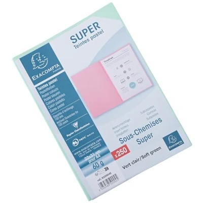 Afbeelding van Exacompta Ref. 850004E verpakking van 250 inlegkaften SUPER 60 g/m² in pastelkleuren, PEFC gecertificeerd, afmetingen 22 x 31 cm, voor DIN A4, lichtgroen