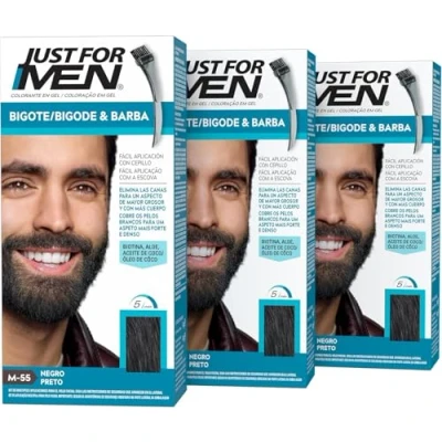 Afbeelding van Just For Men M55 Set van 3 potten 28,4 g voor een vollere look met snor en baard, zwarte kleur, verwijdert grijs haar