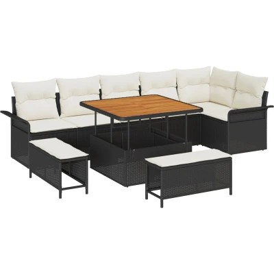 Afbeelding van vidaXL 9 delige Tuin Sofa Set met Kussens Zwart Poly Rattan Acacia