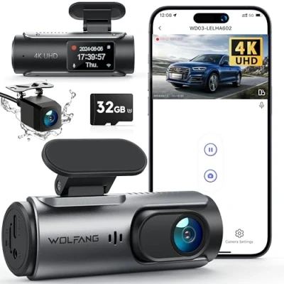 Afbeelding van WOLFANG 4 K/2,5 K dashcam auto voor en achter, wifi, autocamera met 32 G SD kaart, groothoek 170 graden, sensor, parkeermodus 24 uur, nachtzicht, opname