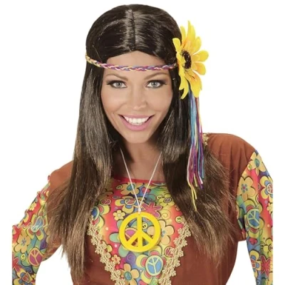 Afbeelding van Widmann 04657 hippie bruine pruik met bloemenhoofdband voor carnaval, themafeest